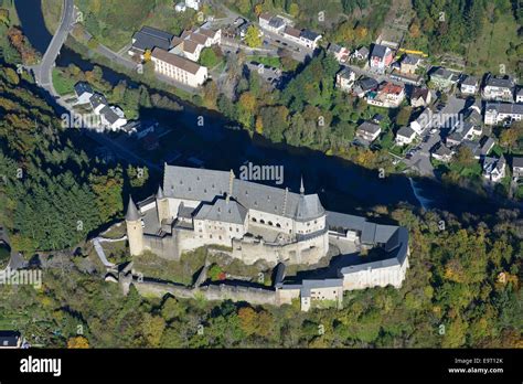 AERIAL VIEW. Vianden Castle overlooking the Our River. Diekirch ...