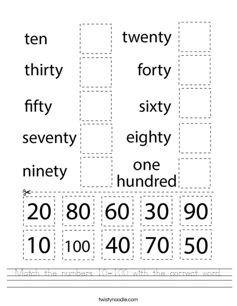 Match the numbers 10-100 with the correct word Worksheet - Twisty Noodle