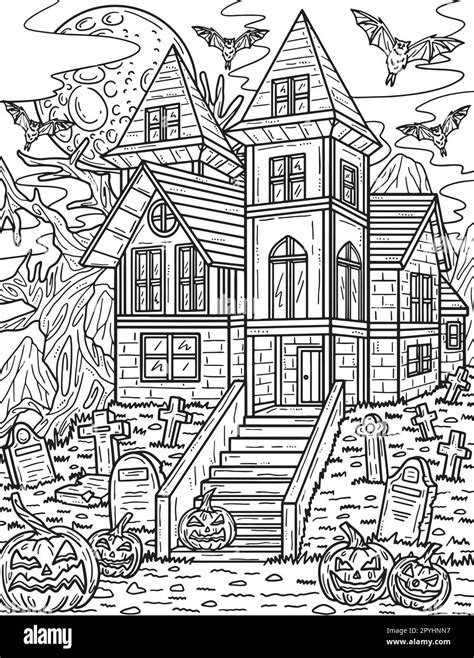 Halloween Haunted House Coloring Page for Adults Stock Vector Image ...