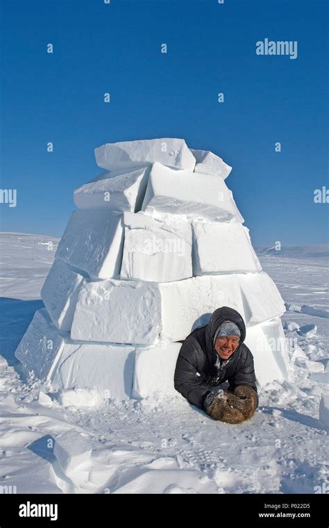 Inuit schaut aus einem Iglu, Nunavut Territorium, Kanada | Inuit looks ...