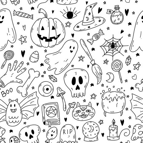 Seamless pattern with doodle cartoon Halloween objects in black color ...