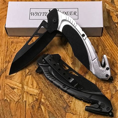 White Deer Tactical Knife with Glass Breaker Silver and Black