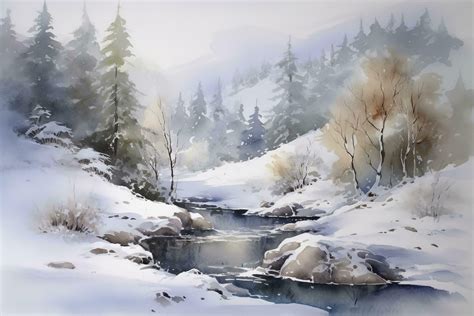 Paint a watercolor landscape of a winter scene, featuring a snow ...