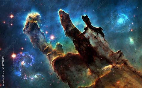 Deep space. Pillars of Creation and galaxies. Image in 5K resolution ...