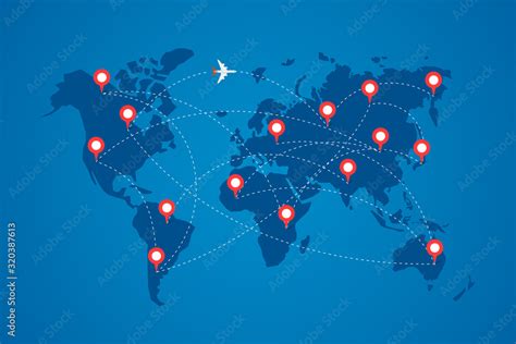 World map with destination marker pins and plane travel routs. Top view ...