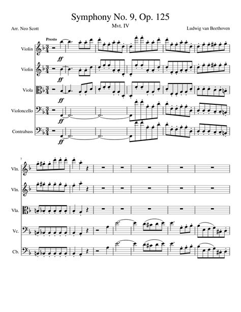 Beethoven Symphony No. 9, Op. 125, Mvt. 4 for String Quintet sheet ...