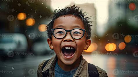 Happy satisfied asian boy wearing glasses portrait outside. Generative ...