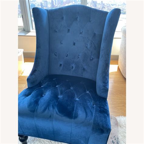 Pair of Blue Velvet Tufted High Back Club Chairs - AptDeco