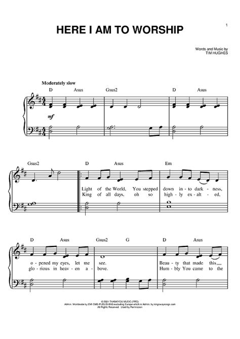 Here I Am To Worship | Sheet music, Easy sheet music, Easy violin sheet ...