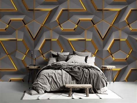 3D Look Abstract Gold Geometric Shapes Wallpaper, Gray Background ...