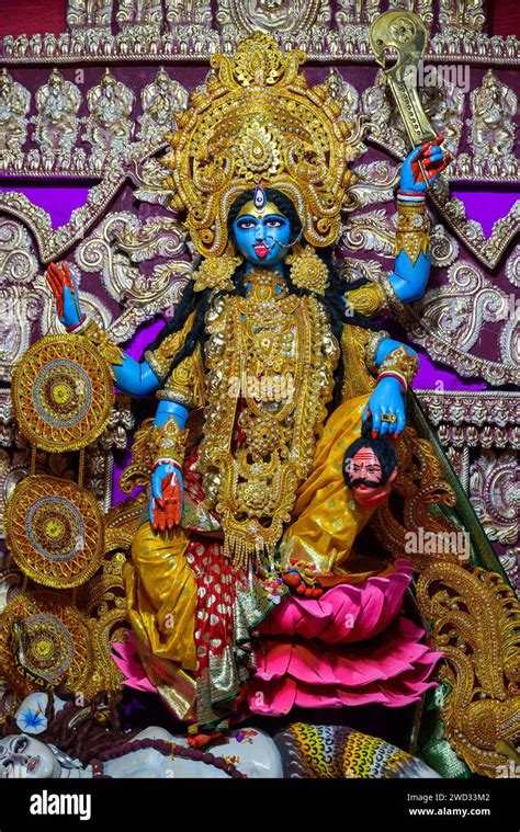 Idol of Goddess Maa Kali at a decorated puja pandal in Kolkata, West ...