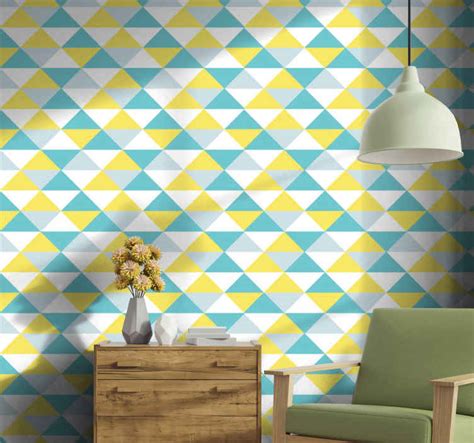 Yellow and shades of blue geometric tile Effect Wallpaper - TenStickers