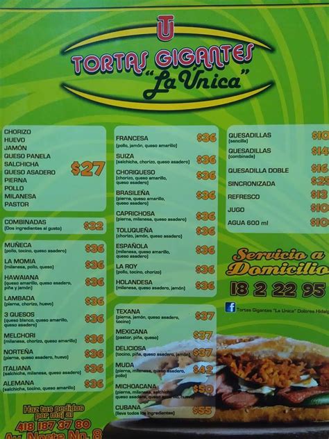 Carta del restaurante Tortas Gigantes La Única, Dolores Hidalgo Cuna ...