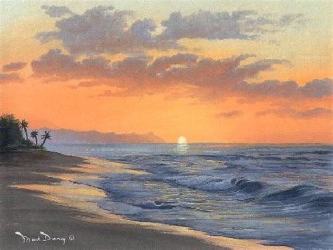 a painting of the sun setting over the ocean with palm trees on an ...