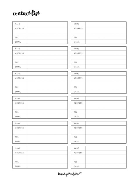 Printable Cute Contact List Template