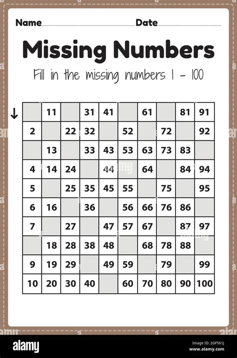 Preschool math worksheets, missing numbers 1 to 100 printable sheet for ...