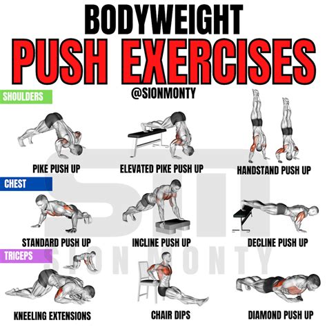 BODYWEIGHT PUSH EXERCISES | Esercizi di allenamento, Esercizi fitness ...