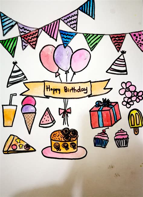 Doodle drawing for kids - Birthday theme | Birthday card drawing ...