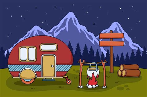 Free Vector | Camping with a caravan illustration with fireplace