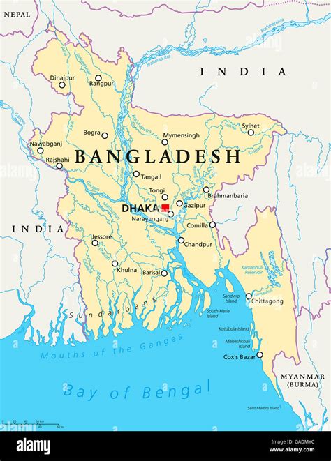 Bangladesh political map with capital Dhaka, national borders ...