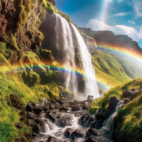 Premium AI Image | a rainbow is in the sky above a waterfall