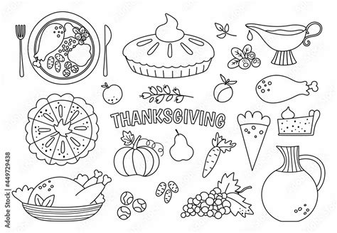 Vector black and white traditional Thanksgiving desserts and dishes set ...