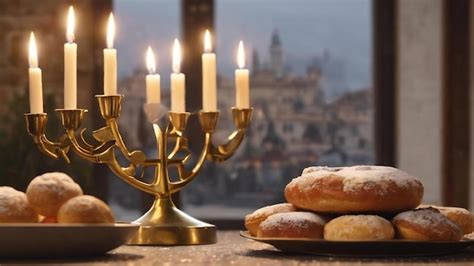 Premium AI Image | Menorah and sufganiyah near gelt and dreidels