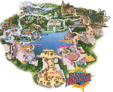 a map of the island of adventure with all its parks and attractions on ...