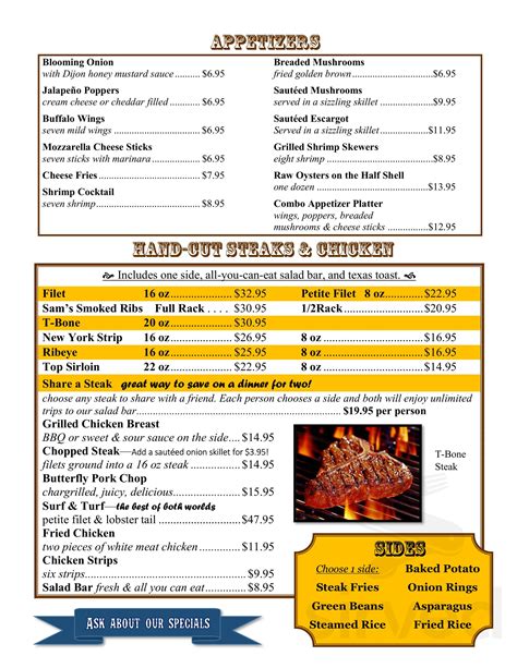 Sam's Steakhouse menu in Marshall, Illinois, USA