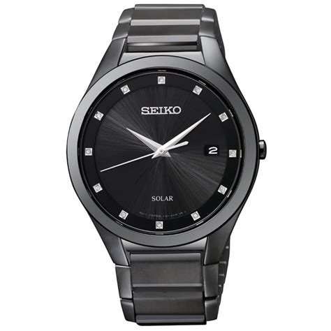 Seiko Men's Solar Diamond Dial Watch Stainless Steel Black Ion Finish