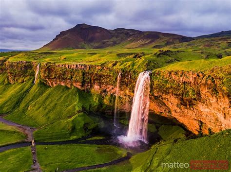 - Aerial panoramic view of Seljalandsfoss waterfall at sunset, Iceland ...