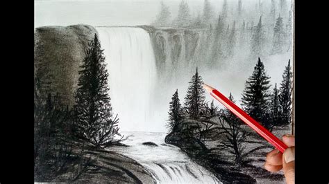 Waterfall Beautiful Scenery Drawing With Pencil ...