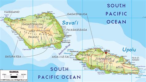 Large detailed physical map of Samoa with cities, roads and airports ...