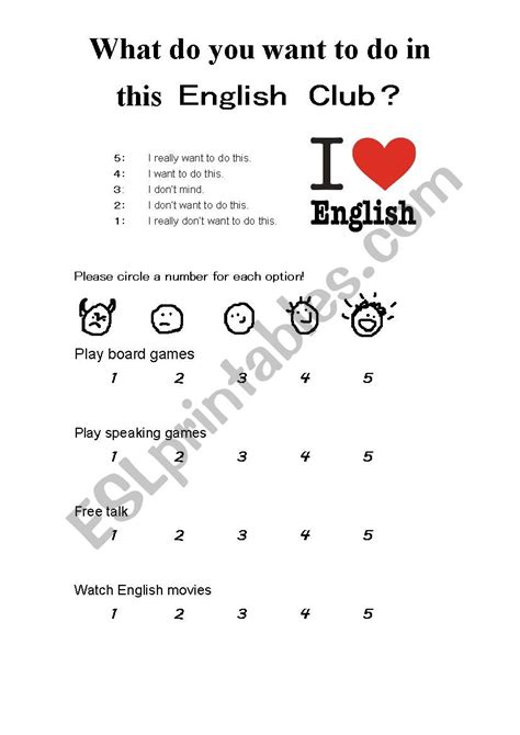 English Club Activities Survey - ESL worksheet by GreenFloyd