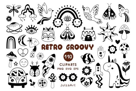 Retro clipart, Groovy svg, Black and white vintage SVG PNG