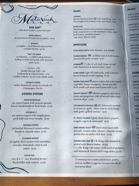 Menu at Matunuck Oyster Bar, South Kingstown, 629 Succotash Rd