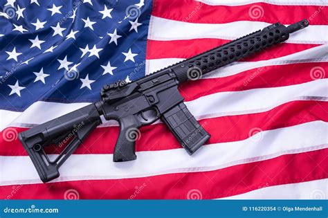 Custom Built AR-15 Carbine on American Flag Surface, Background. Studio ...