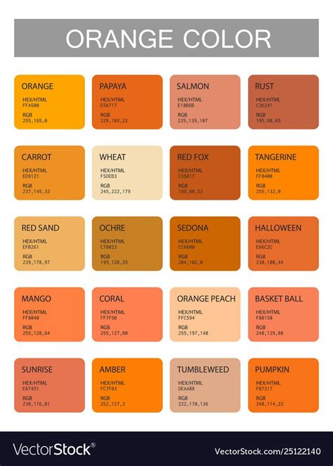 Orange. Color codes and names. Selection of colors for design, interior ...