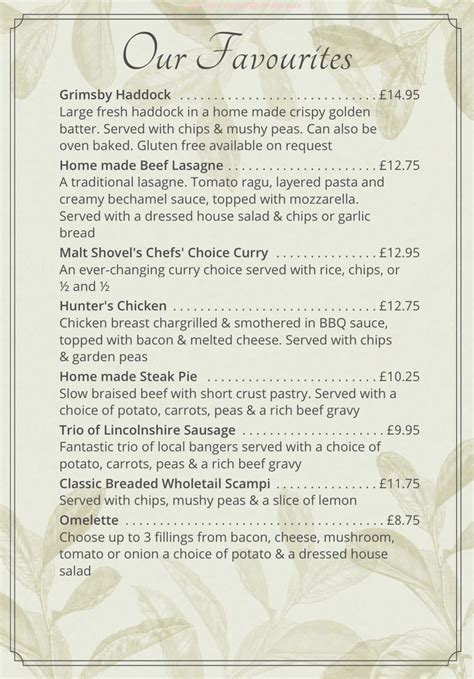 Menu at The Malt Shovel pub & bar, Scunthorpe