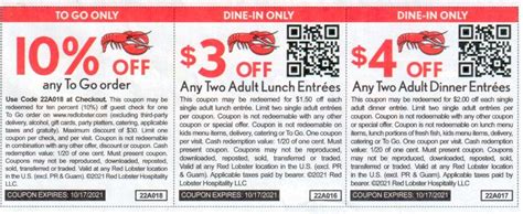 Red Lobster Coupon Code: $3 off any two adult lunch entrees. At par