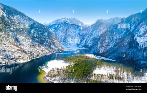 Church St. Bartholomew on Konigssee lake in winter. Berchtesgaden ...