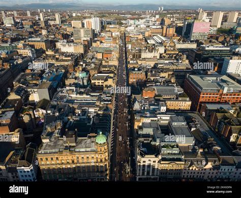 Aerial view from drone of Buchanan Street and skyline of Glasgow city ...