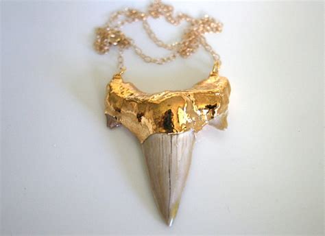 Gold Shark Tooth Necklace. Large Double Connected on Gold