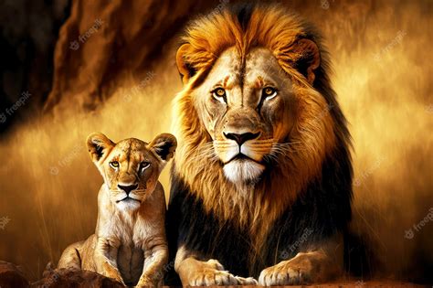 Premium Photo | Portrait of lion and lion cub against background of ...