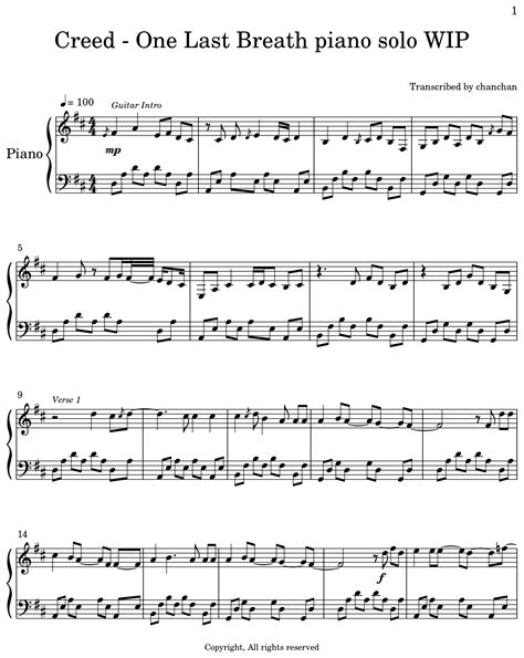 Creed - One Last Breath piano solo WIP - Sheet music for Piano