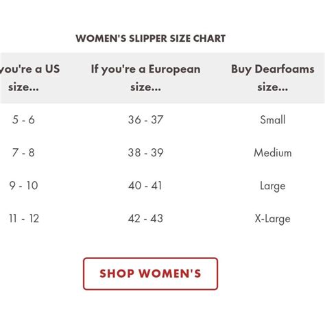 women's slippers size chart