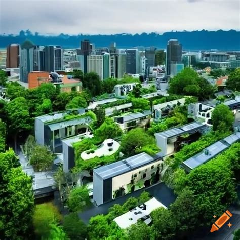 Concept design of an eco city with green spaces and solar panels on Craiyon