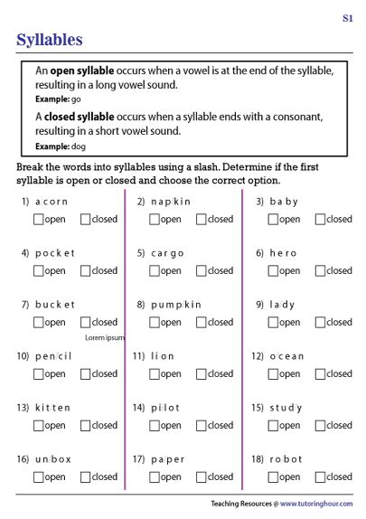 Open And Closed Syllable Worksheets - prntbl.concejomunicipaldechinu.gov.co