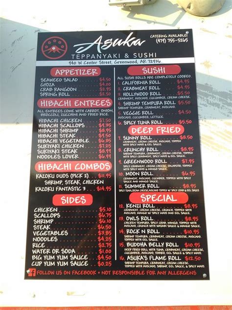 Menu at Asuka Sushi & Hibachi Food Truck restaurant, Greenwood