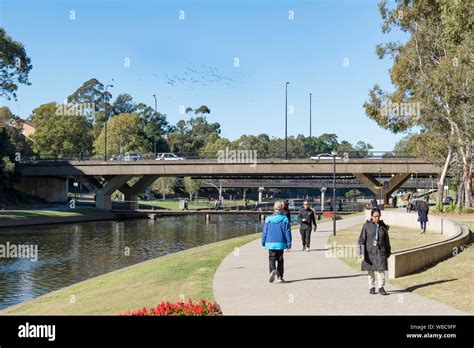 People walk along the Foreshore Reserve beside the Parramatta River ...